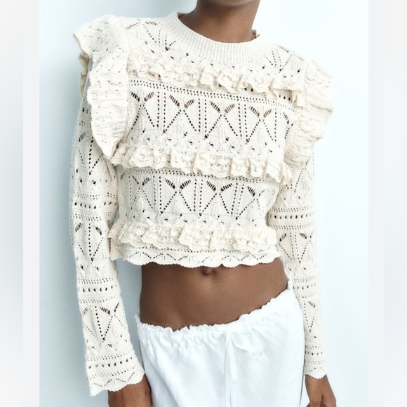 Zara Pointelle Ruffled Knit Sweater - Picture 1 of 4